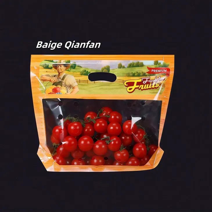 Korkealaatuisten hedelmien ja vihannesten tukkupussi, jossa on kahva ja ilmareikä